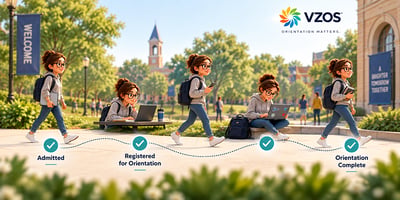 Student journey between orientation milestones illustrating how behavior can reveal questions beyond completed tasks.