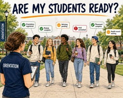 Orientation professional reviewing student readiness across registration, advising, placement, health records, holds, and online requirements.