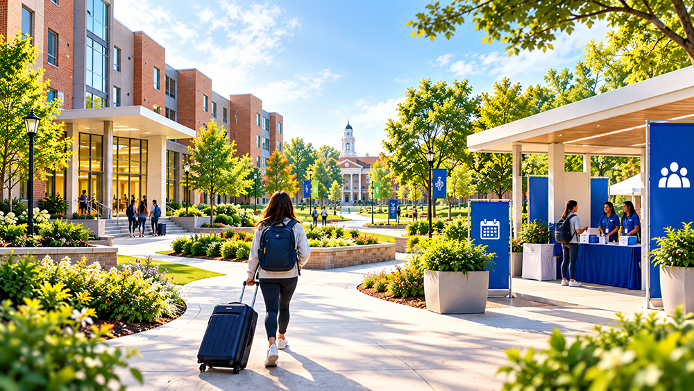 Illustration of college housing and orientation responsibilities connecting to support one incoming student’s arrival experience.