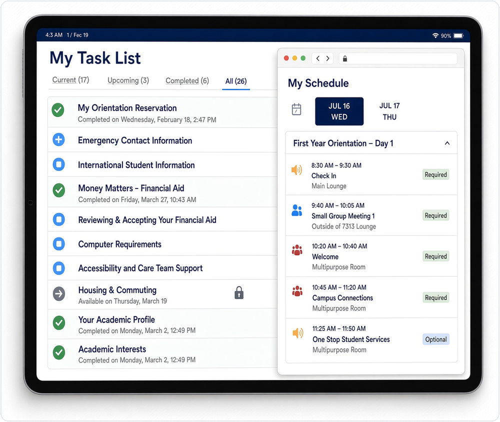 VZOS student task list and personalized orientation schedule. VZOS student task list and personalized orientation schedule.